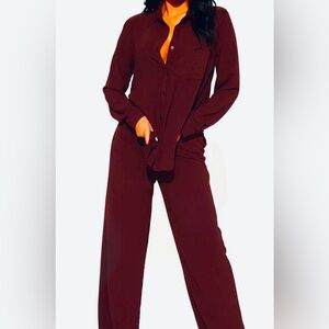 Fashion Nova Burgundy Button-Up Shirt and Pants Set Size XL